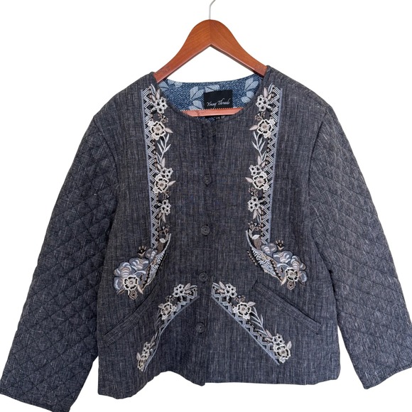 Young Threads Jackets & Blazers - Young Threads Quilted Cotton Embroidered Button Front Jacket L/XL Charcoal NEW!